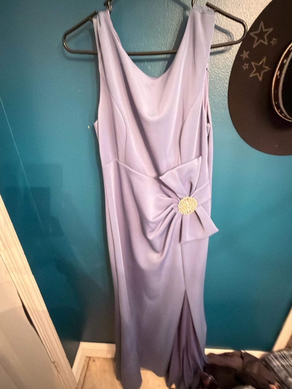 Jessica Howard Lavender Draped Satin Maxi Dress with Floral Brooch